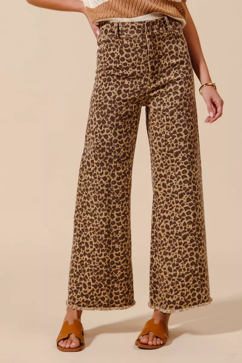 SO ME Mid Rise Leopard Twill Frayed Hem Wide Leg Pants - SwagglyLife Home & Fashion